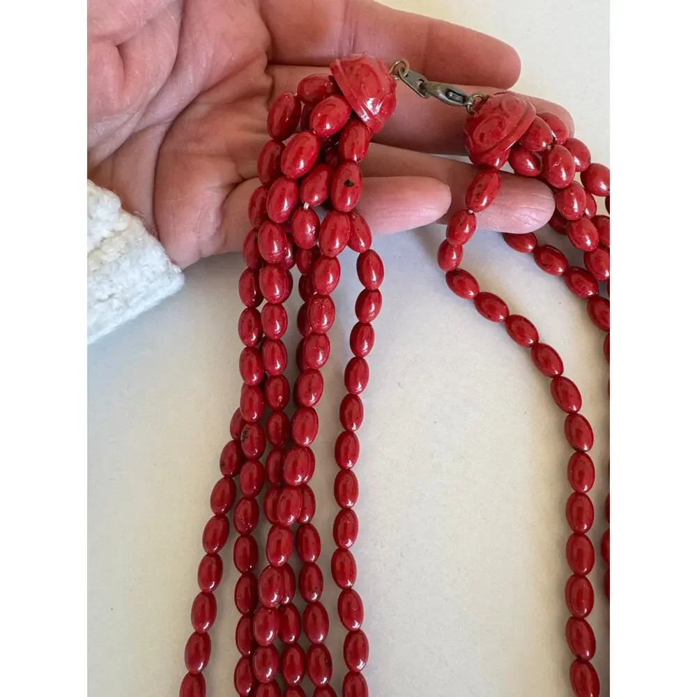 Vintage Red Black Speckled Multi Strand Long Fused Acrylic Beaded Necklace artsy